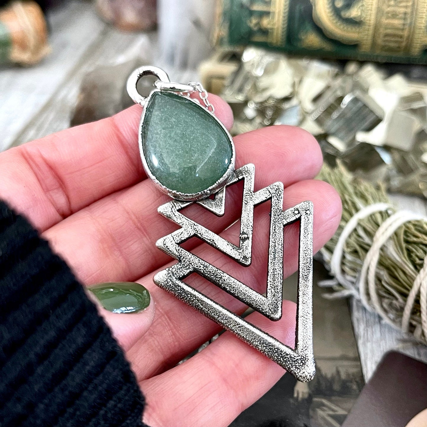 Moss & Moon Collection - Green Aventurine Statement Necklace set in Fine Silver /