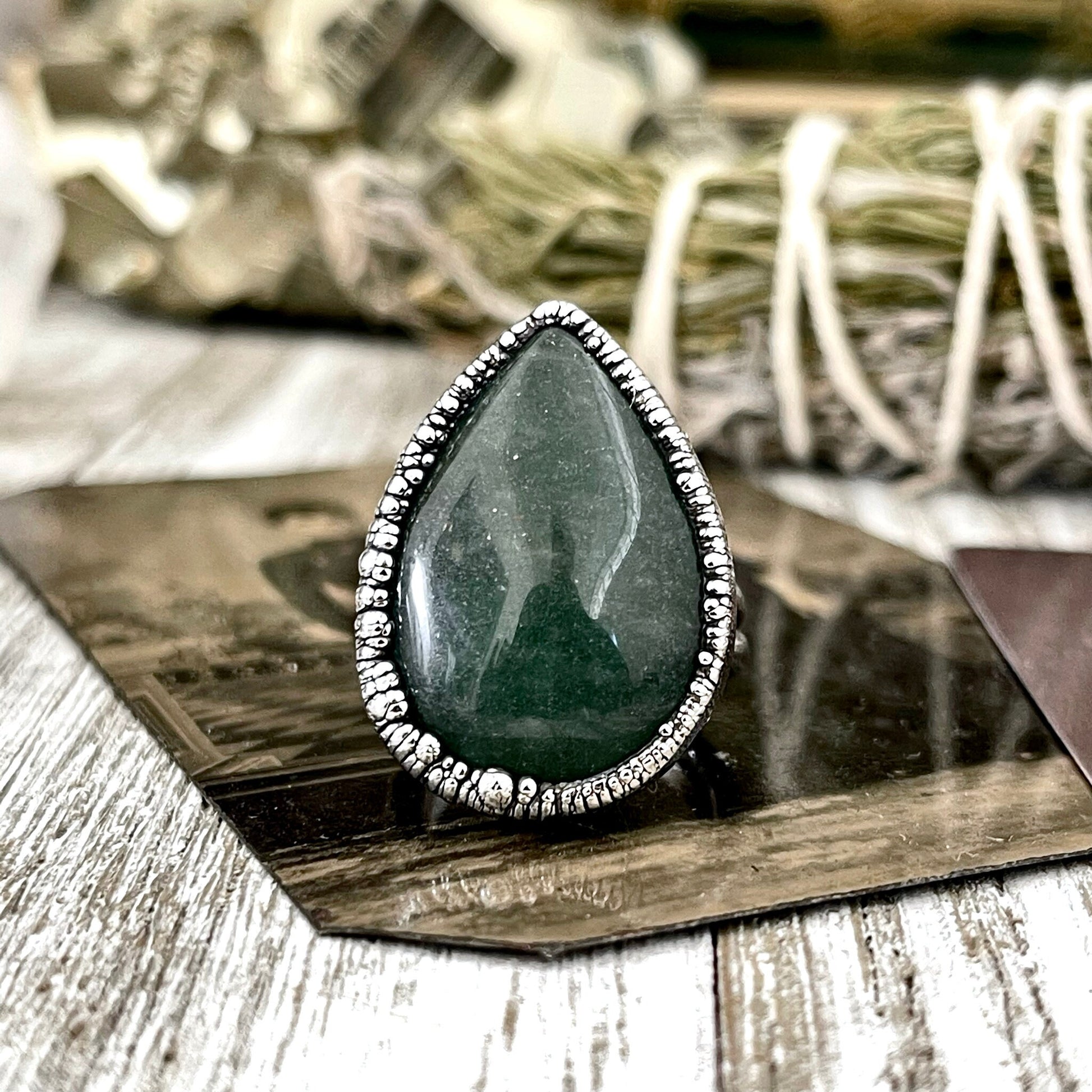 Teardrop Green Aventurine Ring Fine Silver Size 5 6 7 8 9 10 Foxlark Collection