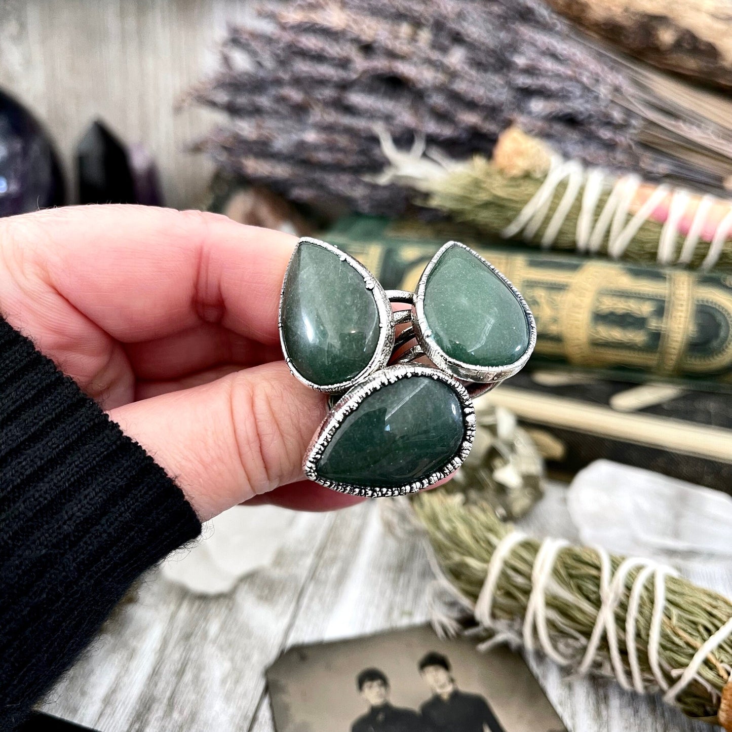 Teardrop Green Aventurine Ring Fine Silver Size 5 6 7 8 9 10 Foxlark Collection