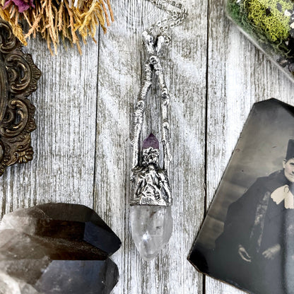 Sticks & Stones Collection - Raw Clear Quartz and Amethyst Crystal Necklace in Fine Silver // Crystal Necklace Witchy Jewelry Gothic Pendant