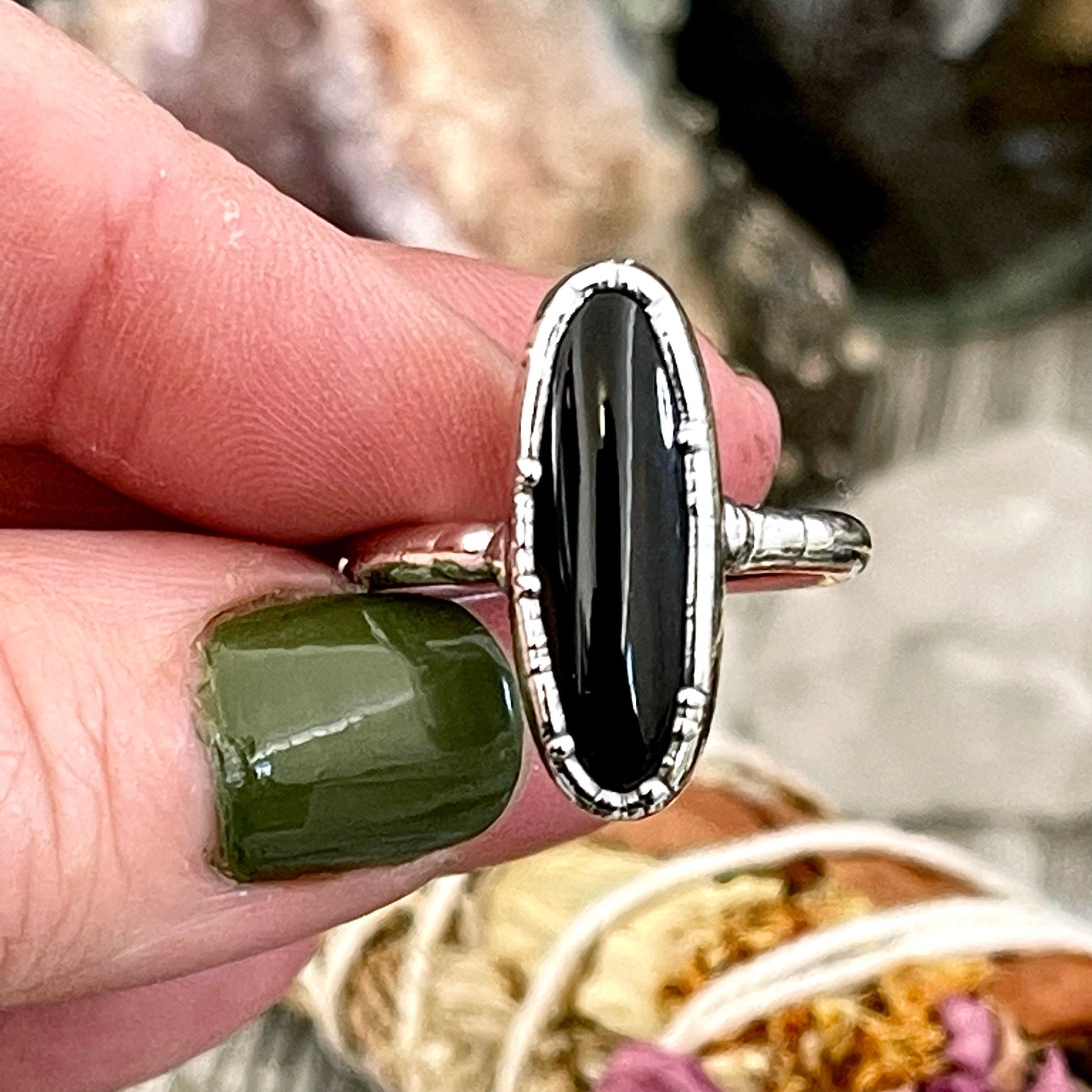 Black Onyx Oval Stone Ring in Fine Silver Size 6 7 8 9 10 / Foxlark Collection