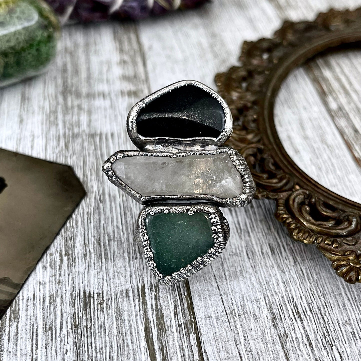 Size 7 Crystal Ring - Three Stone Black Onyx Aventurine Raw Quartz Ring in Silver / Foxlark Collection - One of a Kind / Crystal Jewelry