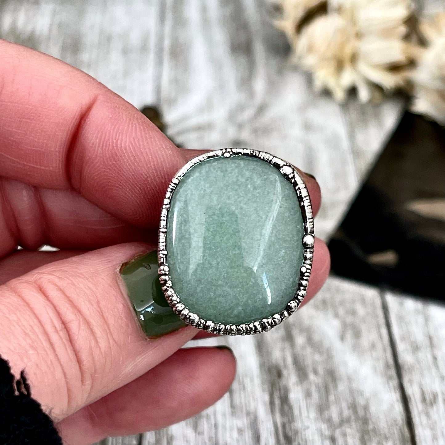 Green Aventurine Ring in Fine Silver Size 6 7 8 9 10/ Large Crystal Ring - Green Stone Ring - Silver Crystal Ring - Bohemian Jewelry