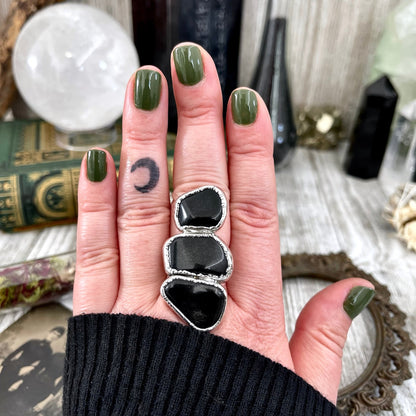 Size 8 Crystal Ring - Three Stone Ring Black Onyx Ring in Silver / Foxlark Collection - One of a Kind / Big Crystal Jewelry Goth Witchy Ring