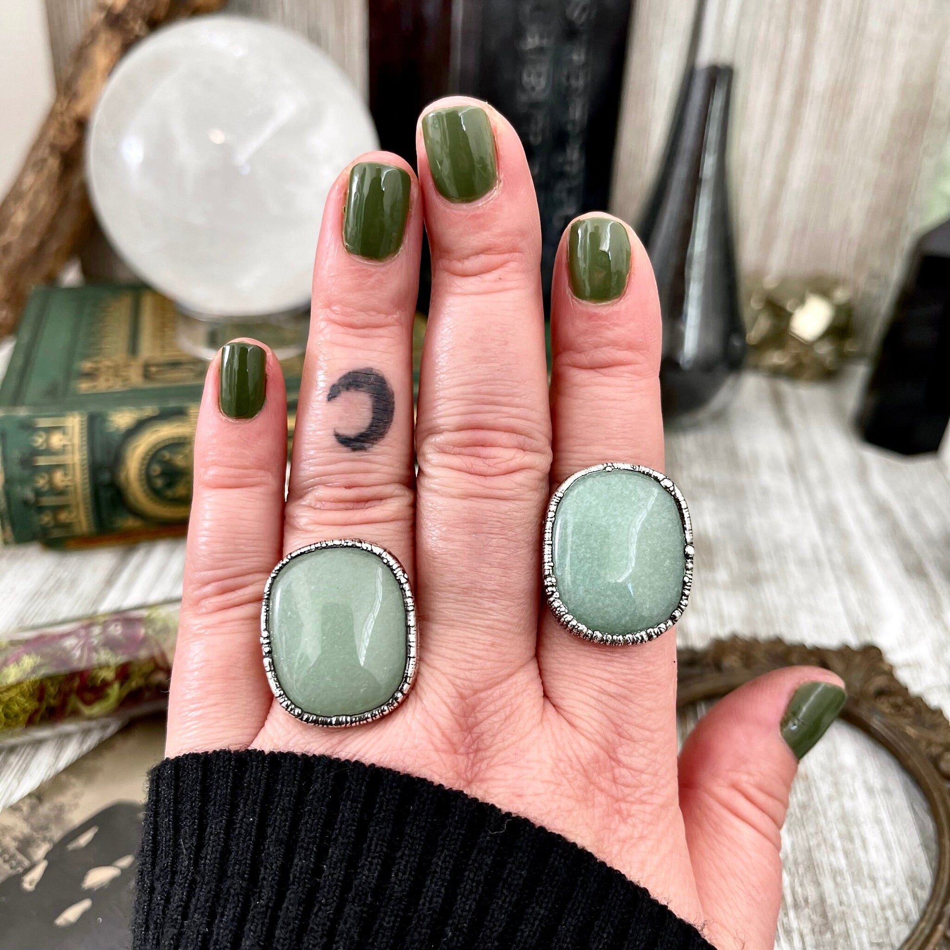 Green Aventurine Ring in Fine Silver Size 6 7 8 9 10/ Large Crystal Ring - Green Stone Ring - Silver Crystal Ring - Bohemian Jewelry