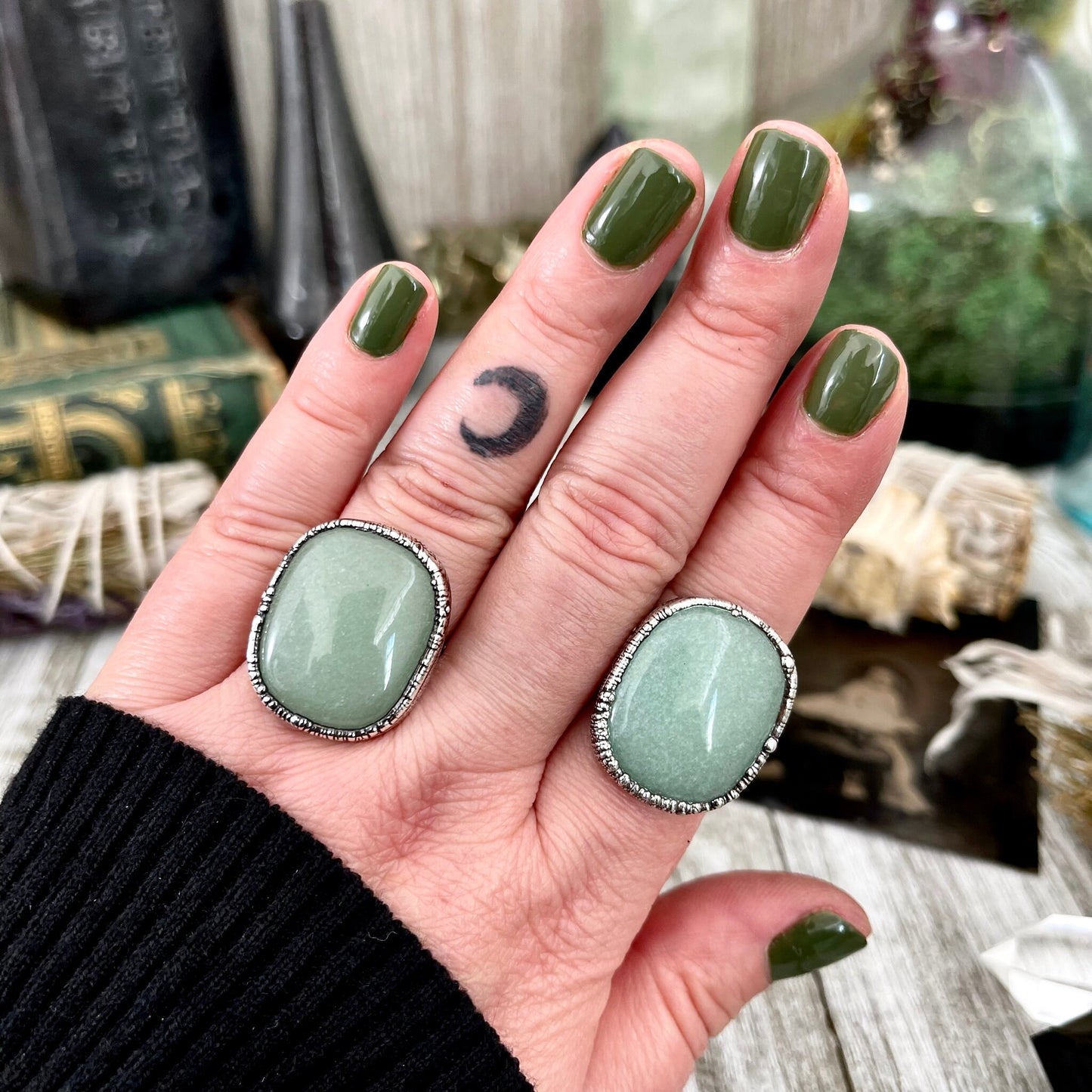 Green Aventurine Ring in Fine Silver Size 6 7 8 9 10/ Large Crystal Ring - Green Stone Ring - Silver Crystal Ring - Bohemian Jewelry