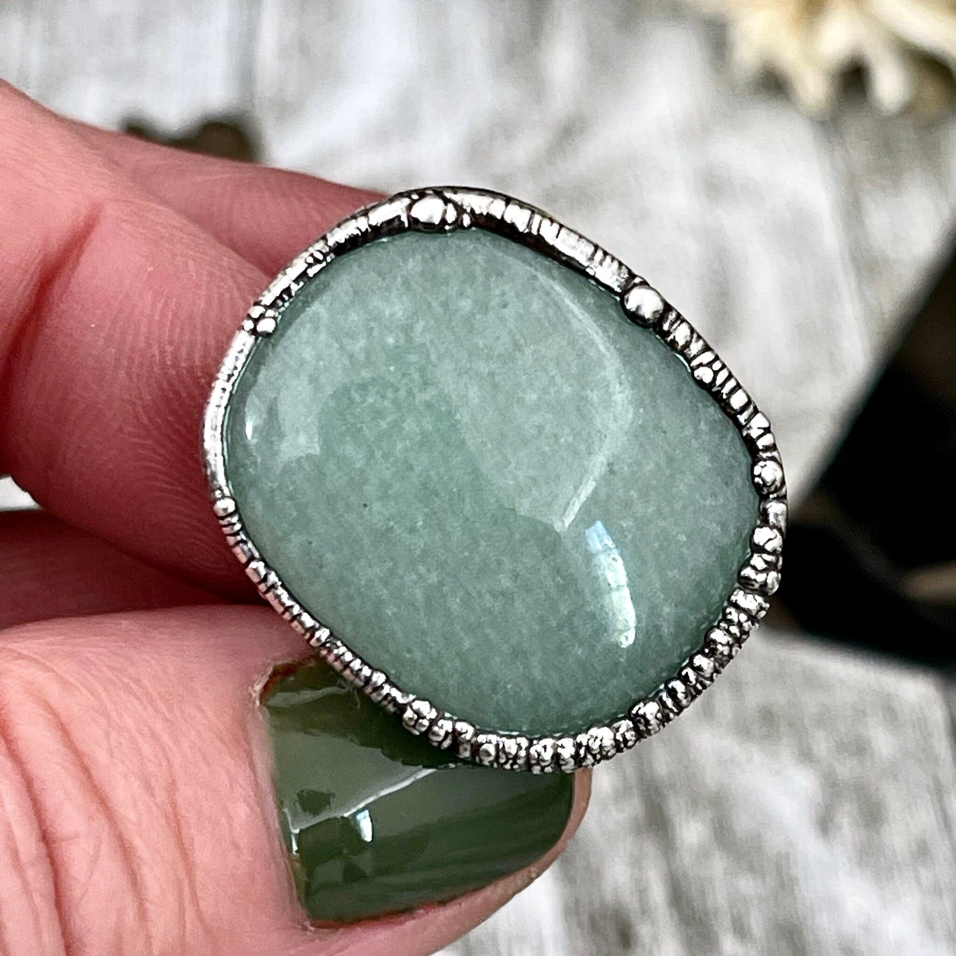 Green Aventurine Ring in Fine Silver Size 6 7 8 9 10/ Large Crystal Ring - Green Stone Ring - Silver Crystal Ring - Bohemian Jewelry