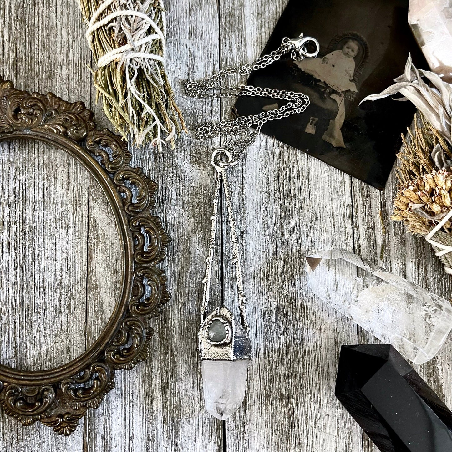 Sticks & Stones Collection - Clear Quartz and Aquamarine Necklace in Fine Silver // Big Crystal Necklace Witchy Jewelry Gothic Pendant