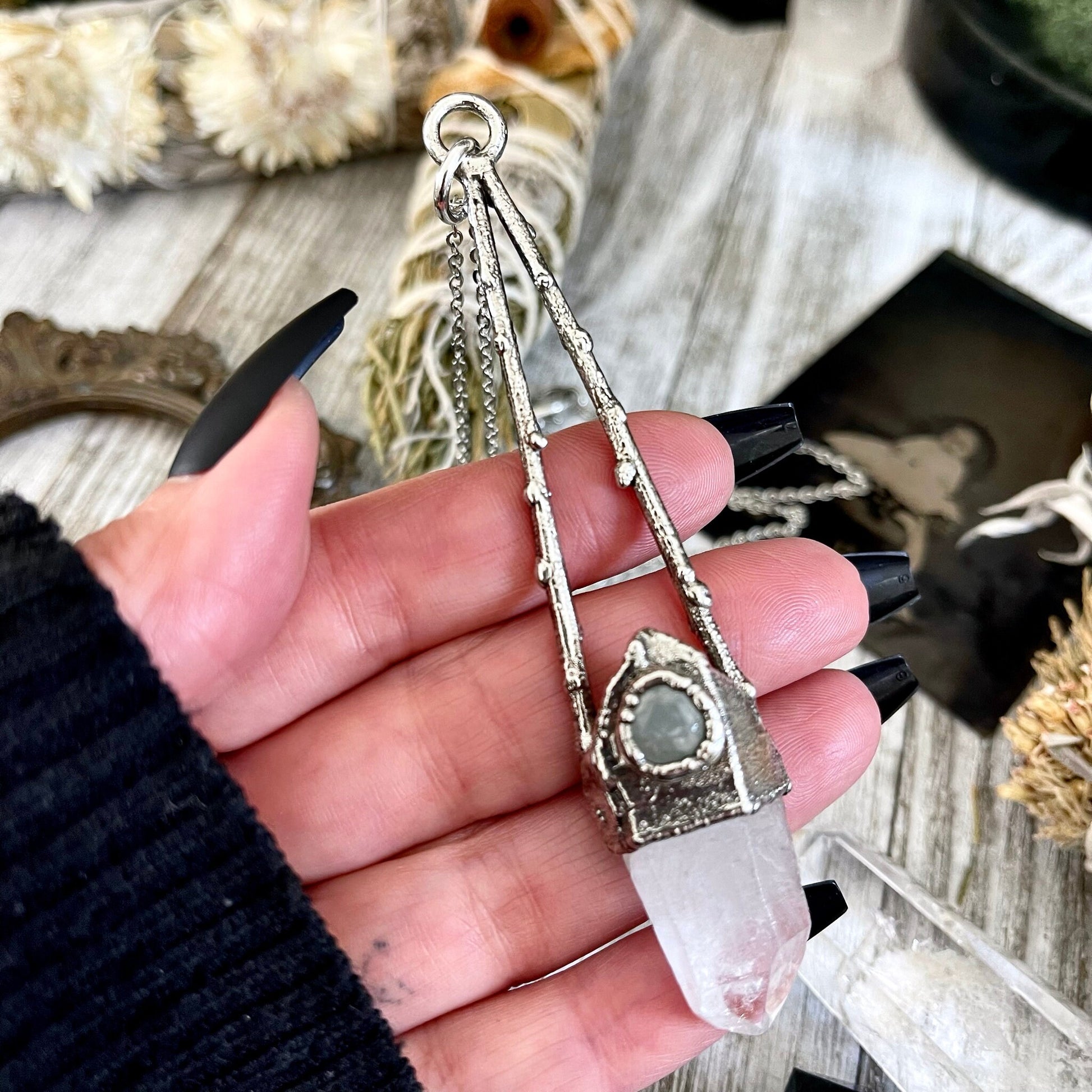 Sticks & Stones Collection - Clear Quartz and Aquamarine Necklace in Fine Silver // Big Crystal Necklace Witchy Jewelry Gothic Pendant