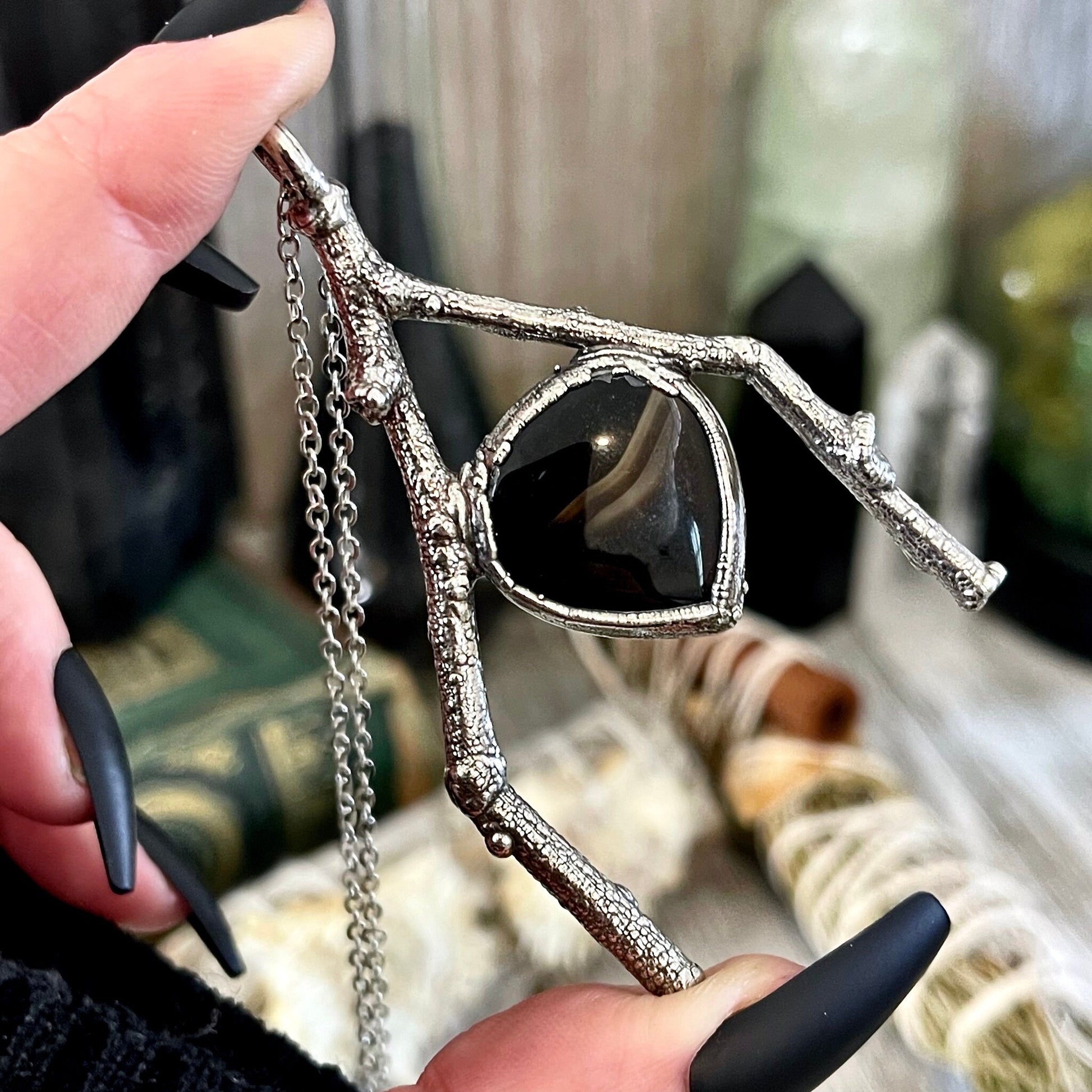 Sticks & Stones Collection- Montana Moss Agate Crystal Necklace in Silver // Big Crystal Necklace / Natural Wood Stone Necklace Pendant