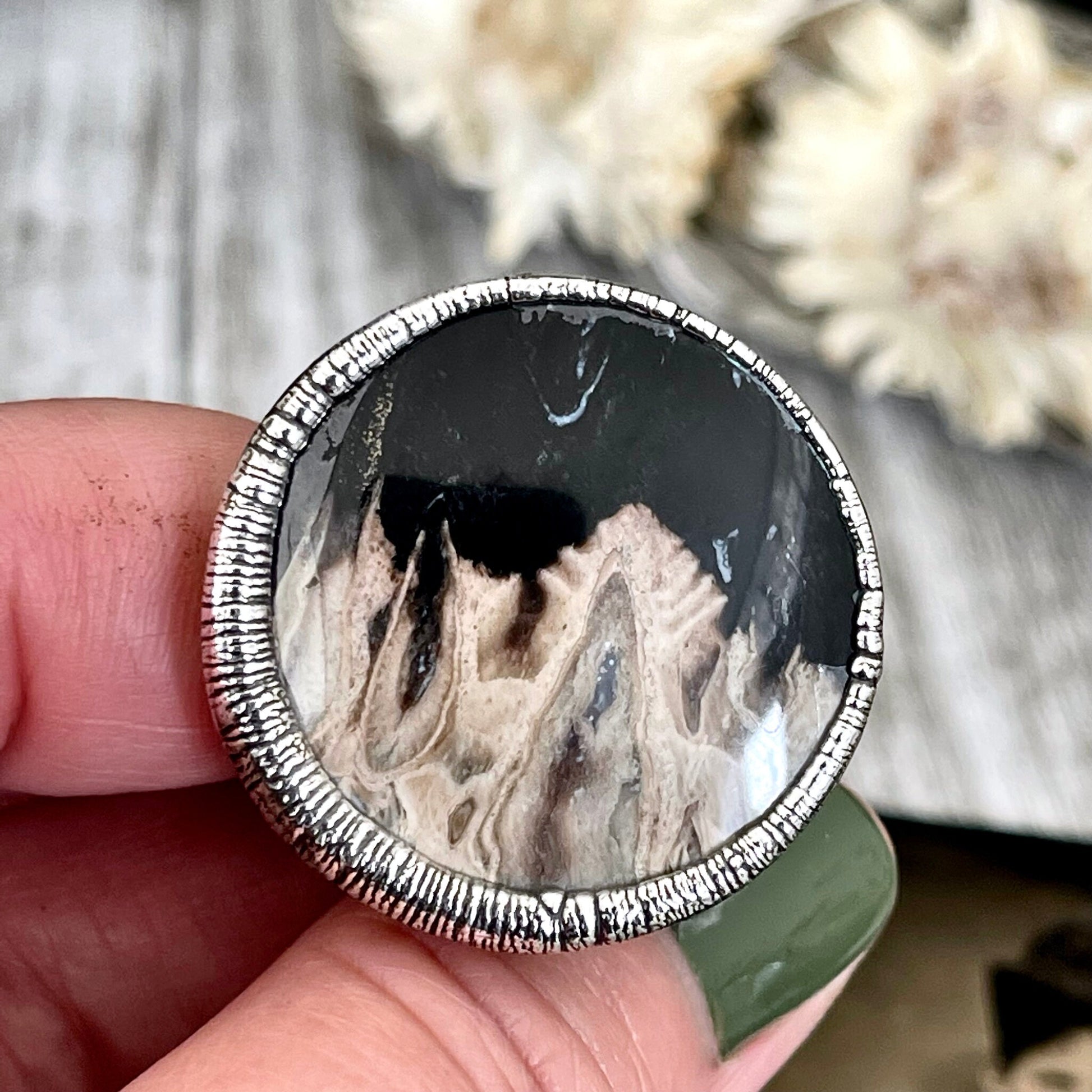 Size 6.5 Large Fossilized Palm Root Statement Ring in Fine Silver / Foxlark Collection - One of a Kind / Big Crystal Ring Witchy Jewelry