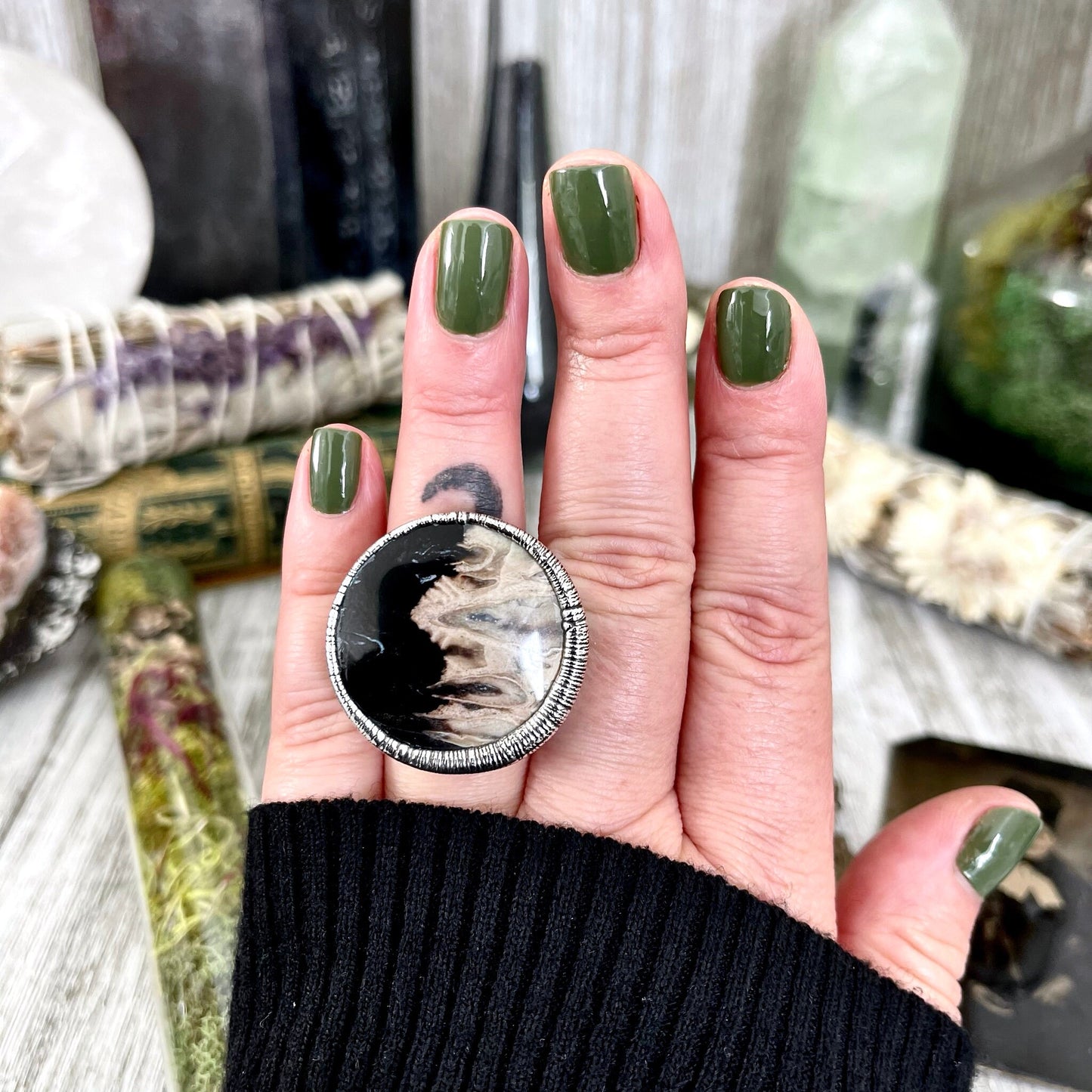 Size 6.5 Large Fossilized Palm Root Statement Ring in Fine Silver / Foxlark Collection - One of a Kind / Big Crystal Ring Witchy Jewelry