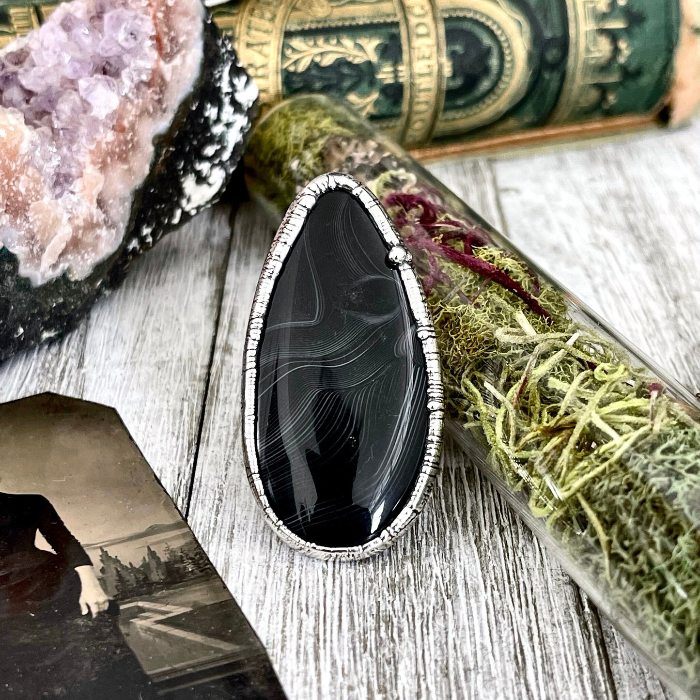 Size 8 Large Natural Black Banded Agate Ring in Fine Silver/ Foxlark Collection - One of a Kind / Big Crystal Ring Witchy Jewelry Gemstone