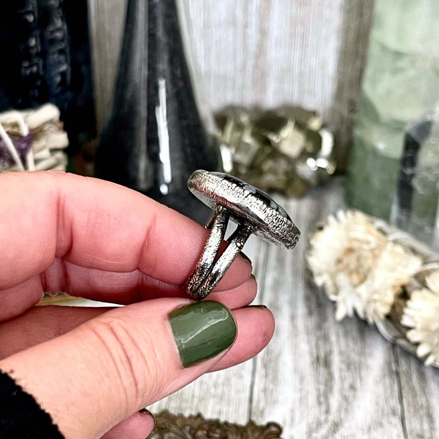 Size 5.5 Snowflake Obsidian Ring in Fine Silver / Foxlark Collection - One of a Kind / Big Crystal Ring Witchy Jewelry / Gothic Jewelry