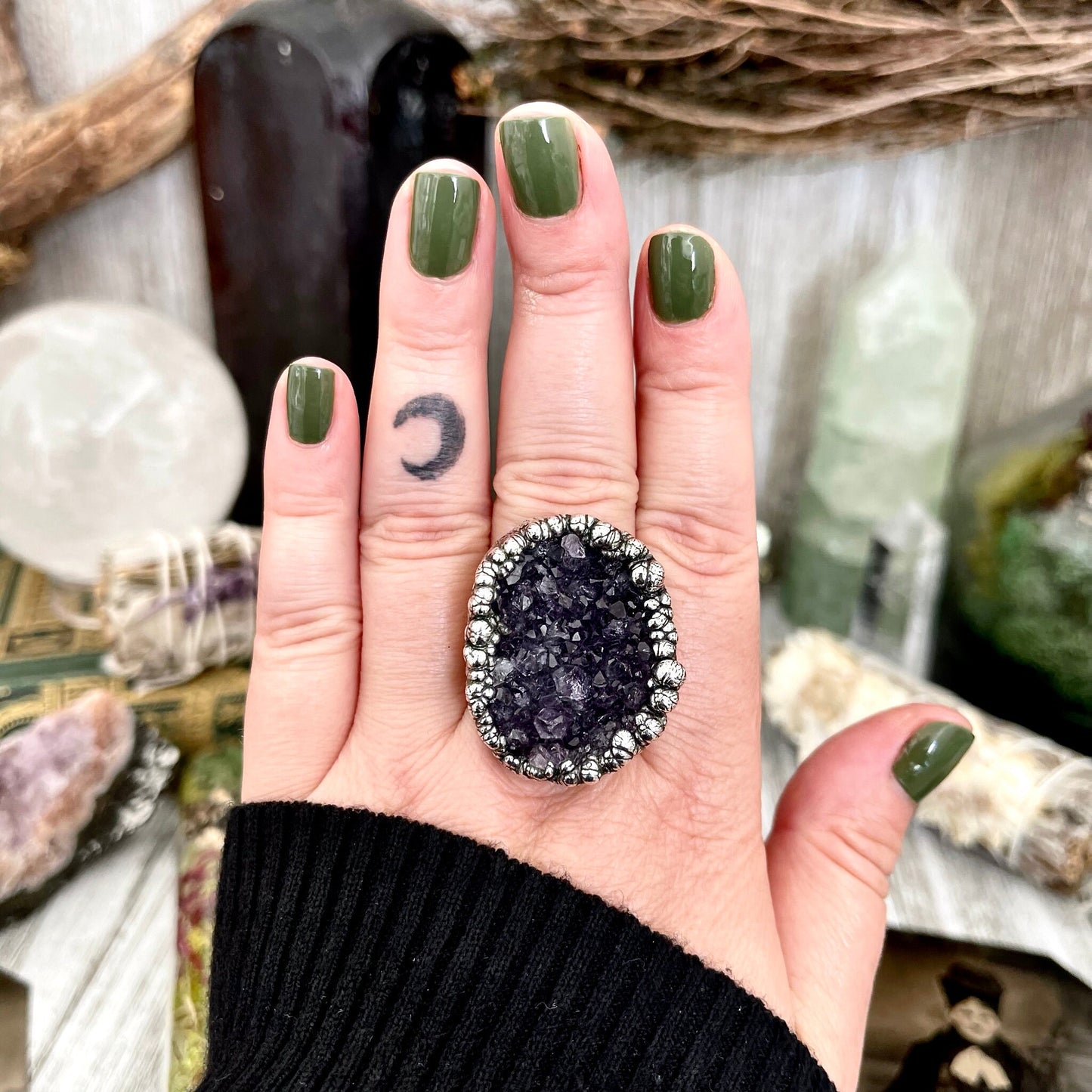 Size 8.5 Big Raw Amethyst Purple Crystal Ring in Fine Silver / Foxlark Collection - One of a Kind / Big Crystal Ring Witchy Jewelry Gemstone