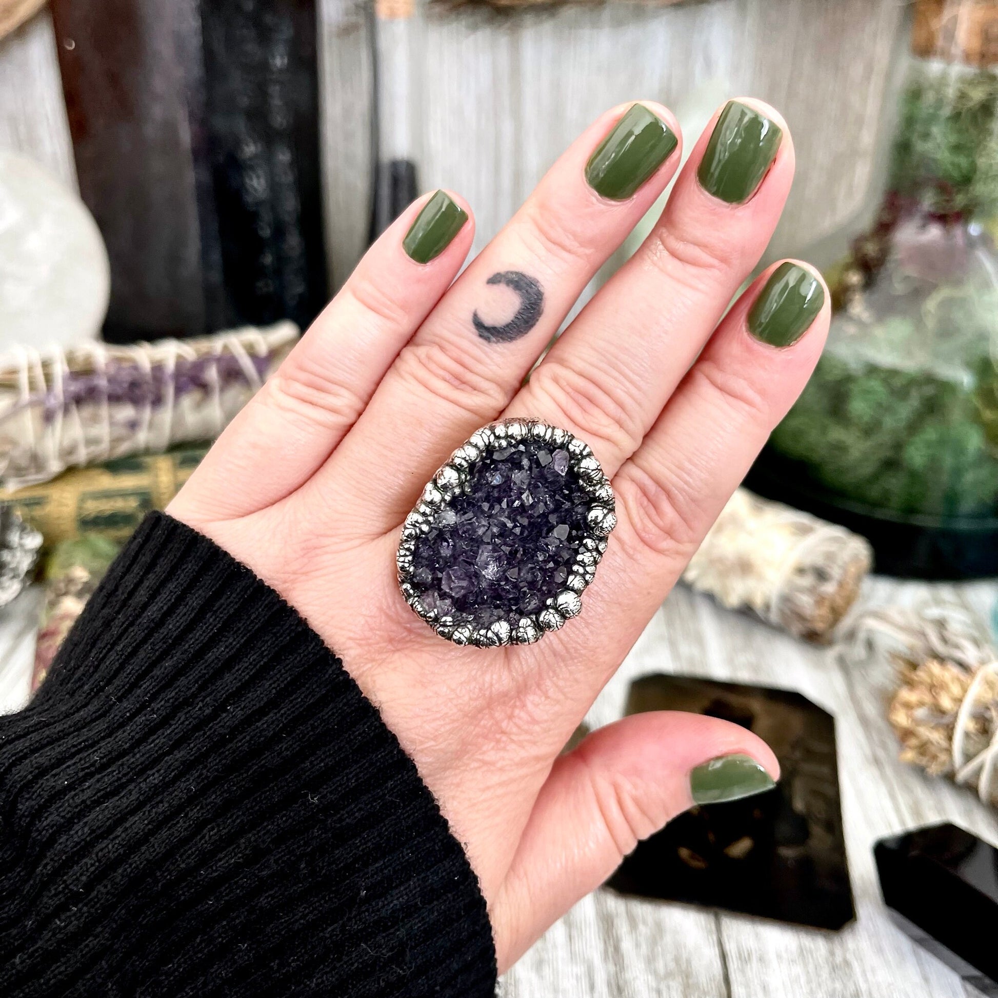 Size 8.5 Big Raw Amethyst Purple Crystal Ring in Fine Silver / Foxlark Collection - One of a Kind / Big Crystal Ring Witchy Jewelry Gemstone