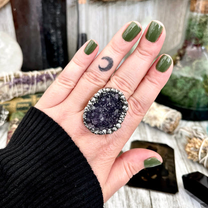 Size 8.5 Big Raw Amethyst Purple Crystal Ring in Fine Silver / Foxlark Collection - One of a Kind / Big Crystal Ring Witchy Jewelry Gemstone