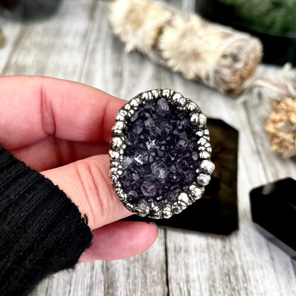 Size 8.5 Big Raw Amethyst Purple Crystal Ring in Fine Silver / Foxlark Collection - One of a Kind / Big Crystal Ring Witchy Jewelry Gemstone