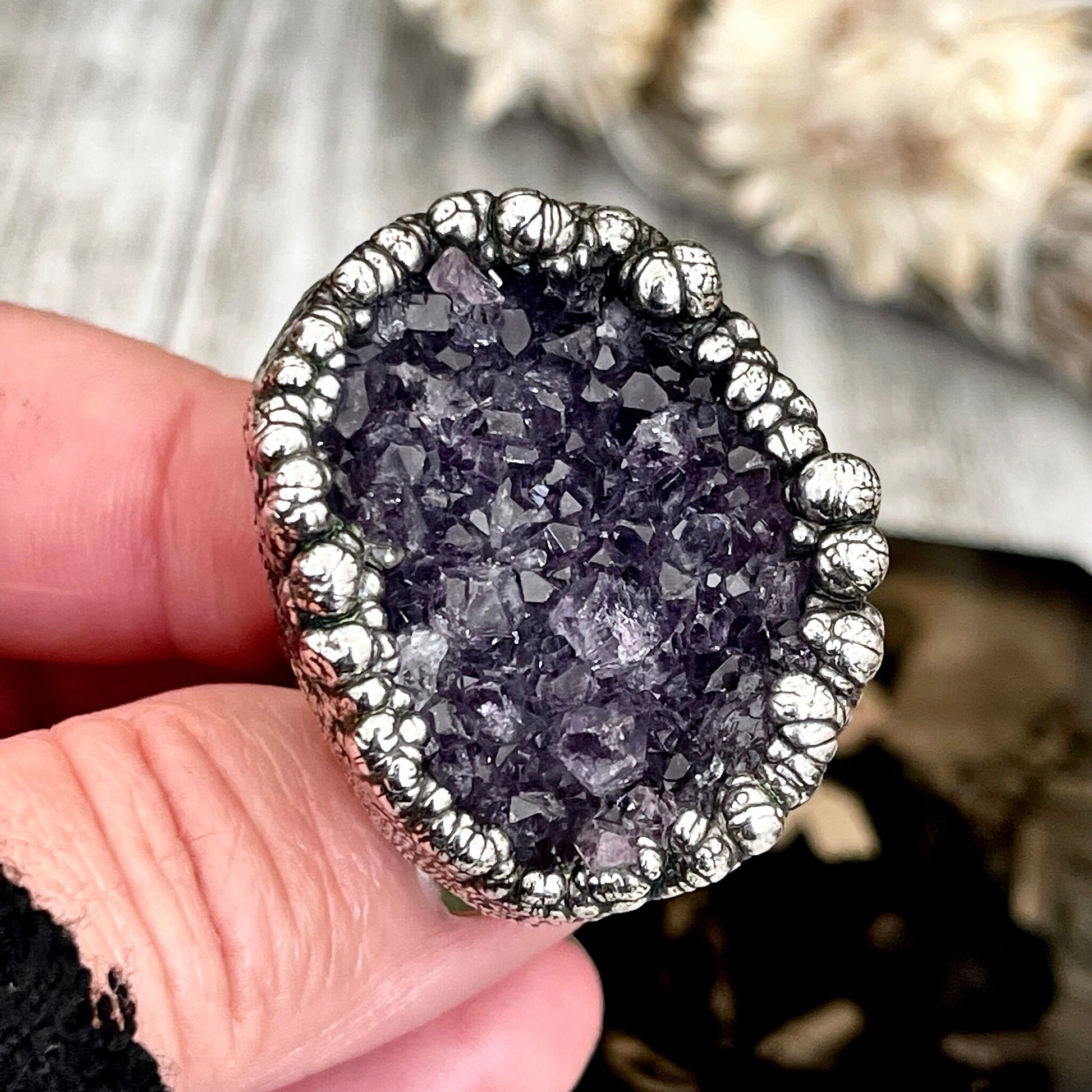 Size 8.5 Big Raw Amethyst Purple Crystal Ring in Fine Silver / Foxlark Collection - One of a Kind / Big Crystal Ring Witchy Jewelry Gemstone