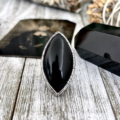 Size 7 Natural Black Onyx Ring in Fine Silver / Large Crystal Ring - Black Stone Ring - Silver Crystal Ring - Bohemian Jewelry Gemstone