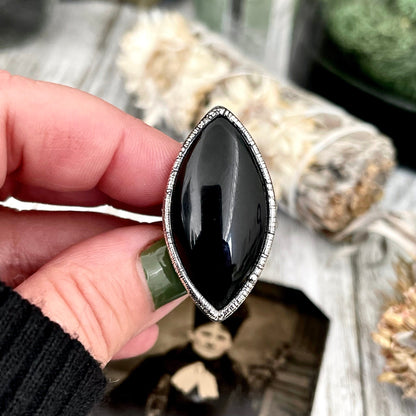 Size 7 Natural Black Onyx Ring in Fine Silver / Large Crystal Ring - Black Stone Ring - Silver Crystal Ring - Bohemian Jewelry Gemstone