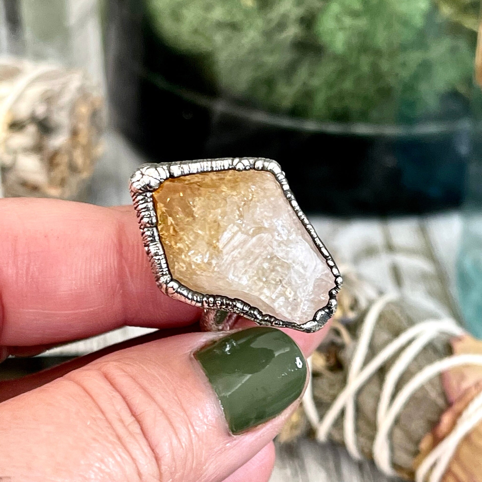 Size 7 Raw Citrine Ring Set in Fine Silver / Foxlark Collection - One of a Kind / Big Crystal Ring Witchy Jewelry / Gothic Jewelry