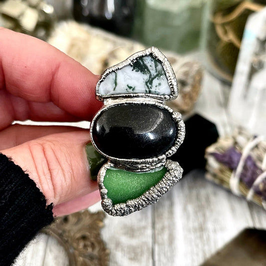 Size 8 Crystal Ring - Three Stone Black Onyx Sea Glass Moss Agate Ring Sliver / Foxlark Collection - One of a Kind / Crystal Jewelry