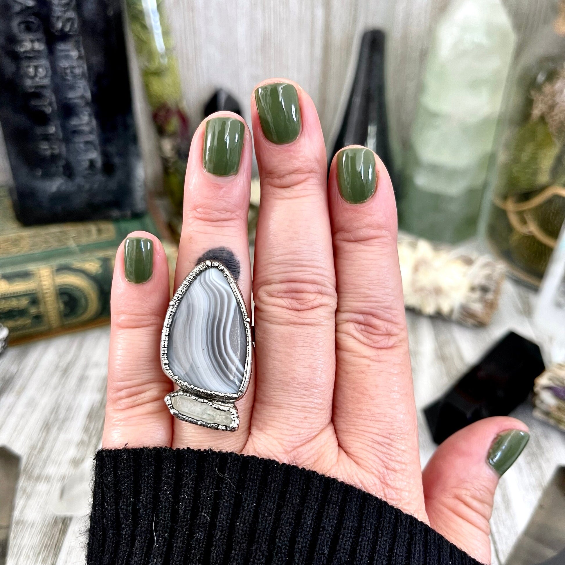 Size 7 Two Stone Ring- Banded Agate Clear Quartz Crystal Ring Fine Silver / Foxlark Collection - One of a Kind / Statement Jewelry Gemstone