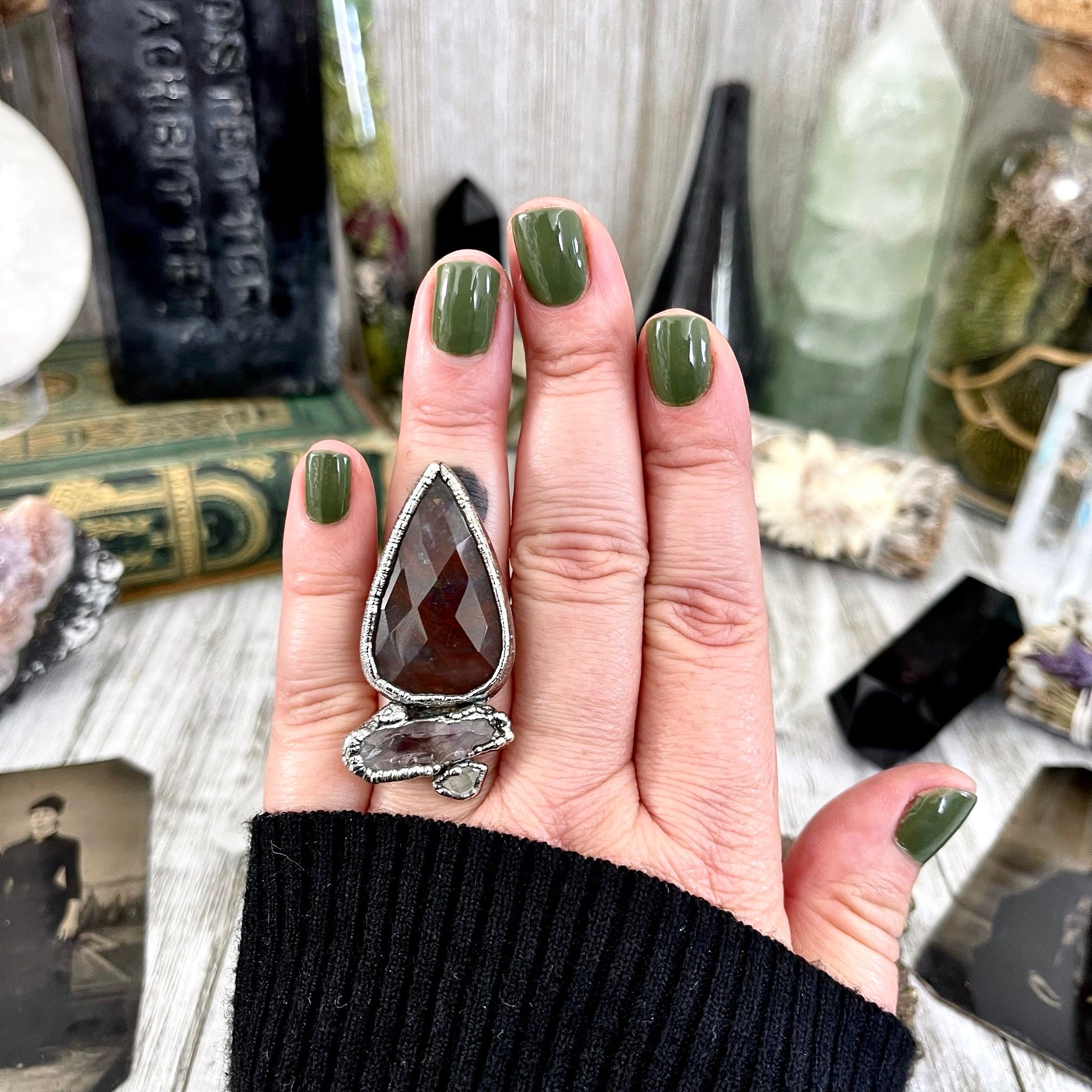 Size 6.5 Crystal Ring - Three Stone Fancy Moss Agate Amethyst Herkimer Silver Ring / Foxlark Collection - One of a Kind / Crystal Jewelry