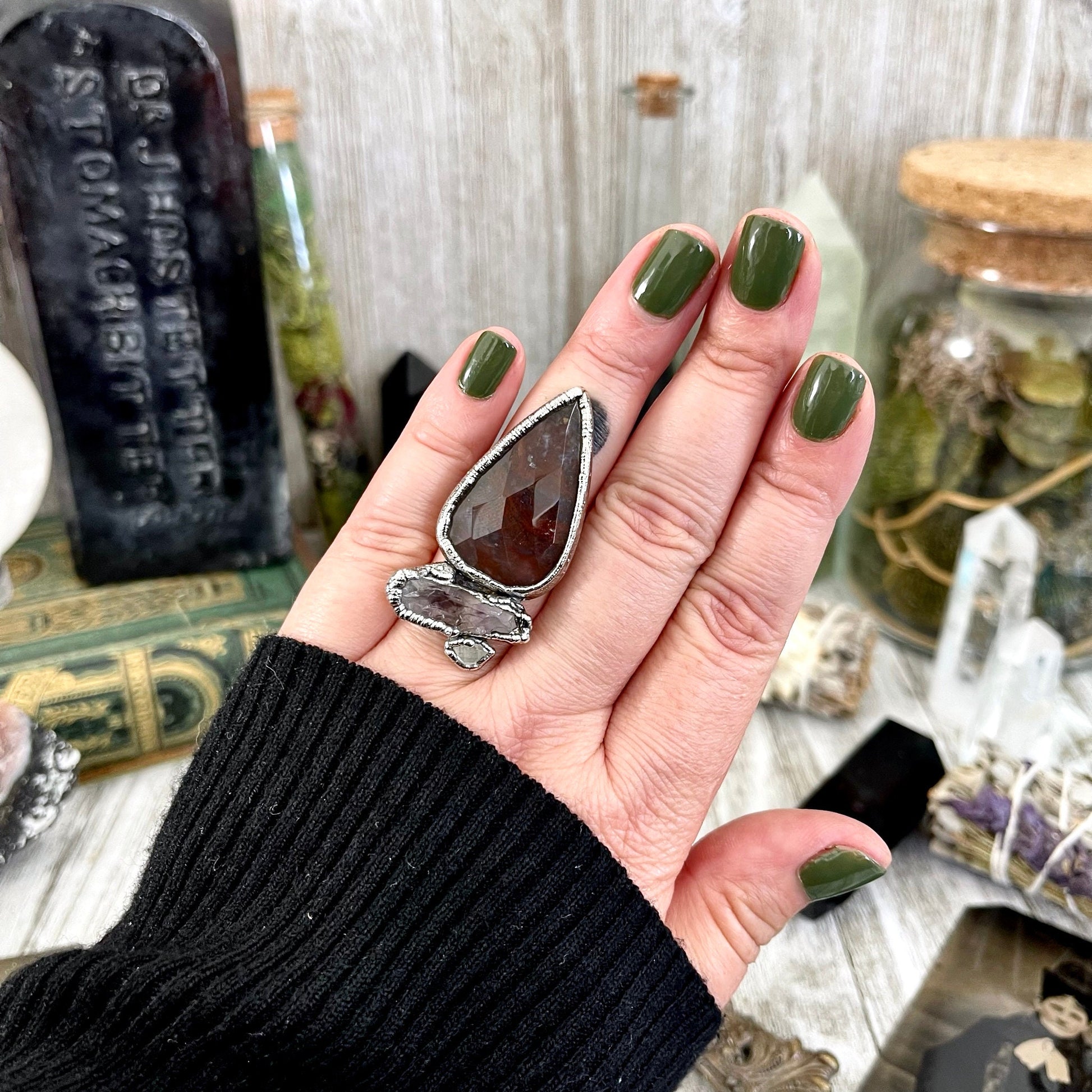 Size 6.5 Crystal Ring - Three Stone Fancy Moss Agate Amethyst Herkimer Silver Ring / Foxlark Collection - One of a Kind / Crystal Jewelry