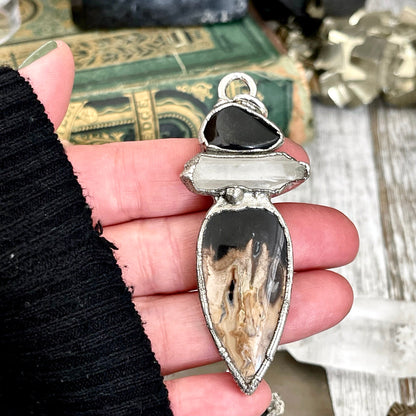 Three Stone Clear Quartz Black Onyx Palm Root Necklace in Fine Silver / Foxlark Collection - One of a Kind Jewelry // Boho Witchy Pendent