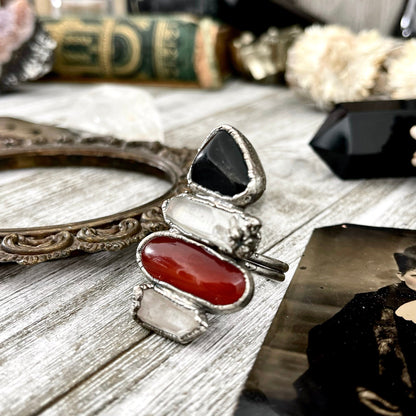 Size 10 Crystal Ring - Four Stone Black Onyx Red Carnelian Clear Quartz Ring In Silver / Foxlark - One of a Kind // Alternative Ring