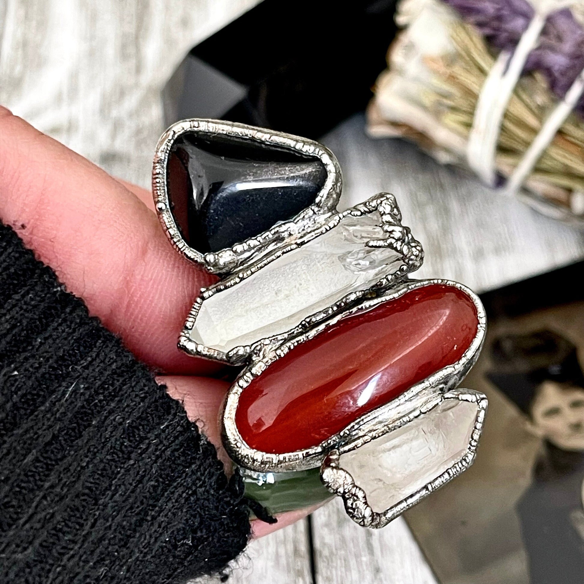 Size 10 Crystal Ring - Four Stone Black Onyx Red Carnelian Clear Quartz Ring In Silver / Foxlark - One of a Kind // Alternative Ring