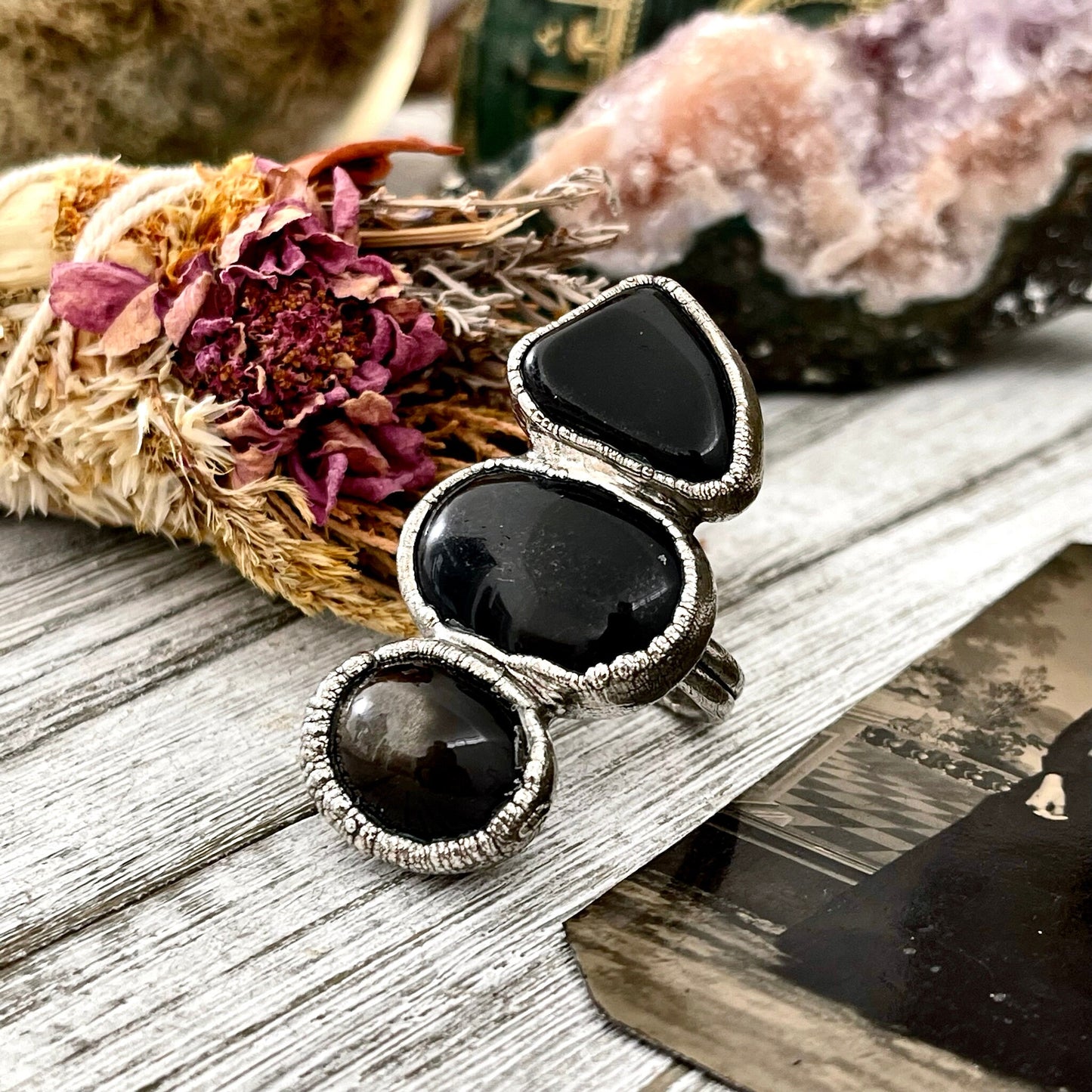 Size 7.5 Crystal Ring - Three Stone Black Onyx Black Star Sunstone Ring in Silver / Foxlark Collection - One of a Kind / Gothic Jewelry