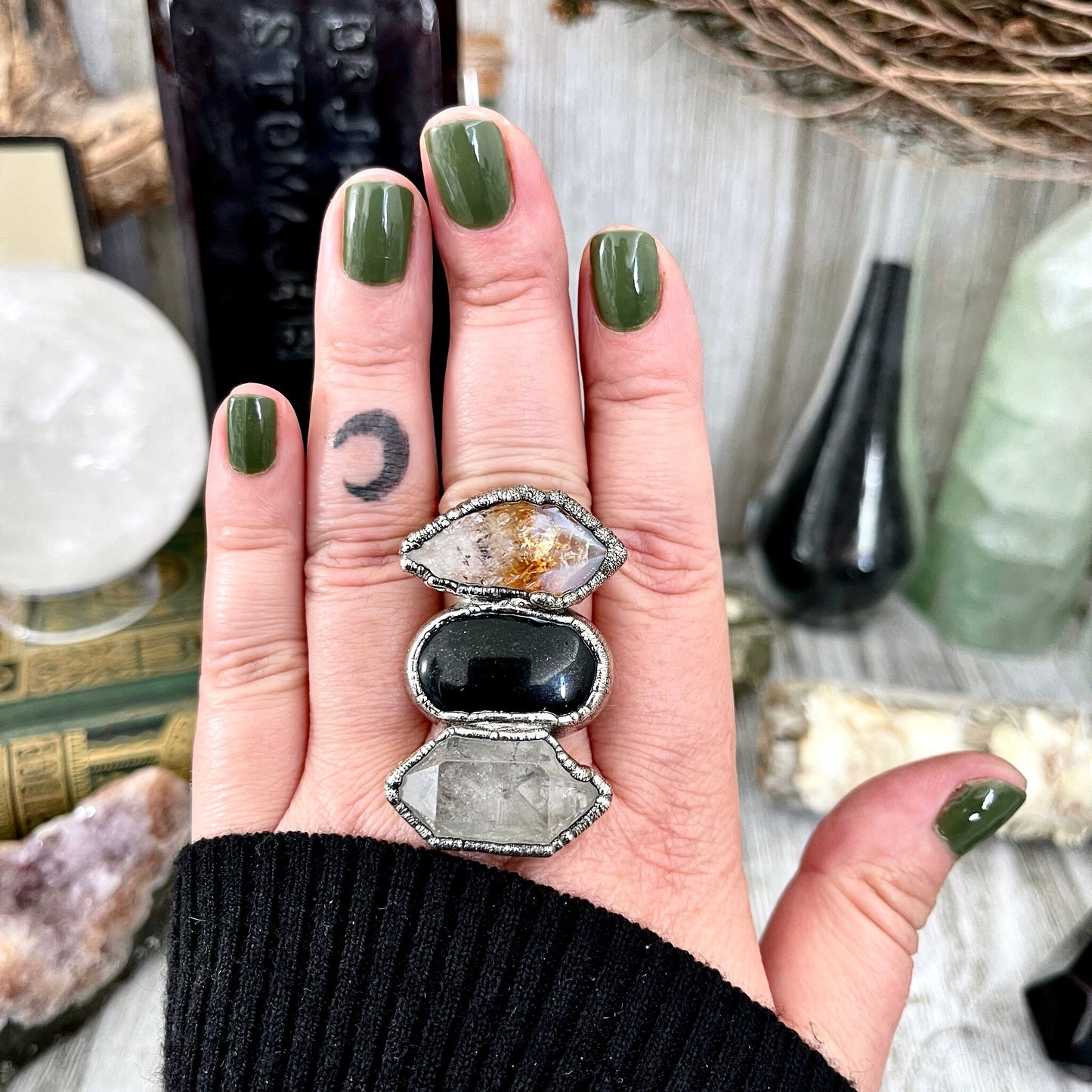 Size 9 Crystal Ring - Three Stone Black Onyx Yellow Citrine & Quartz Silver Ring / Foxlark Collection - One of a Kind / Big Crystal Jewelry