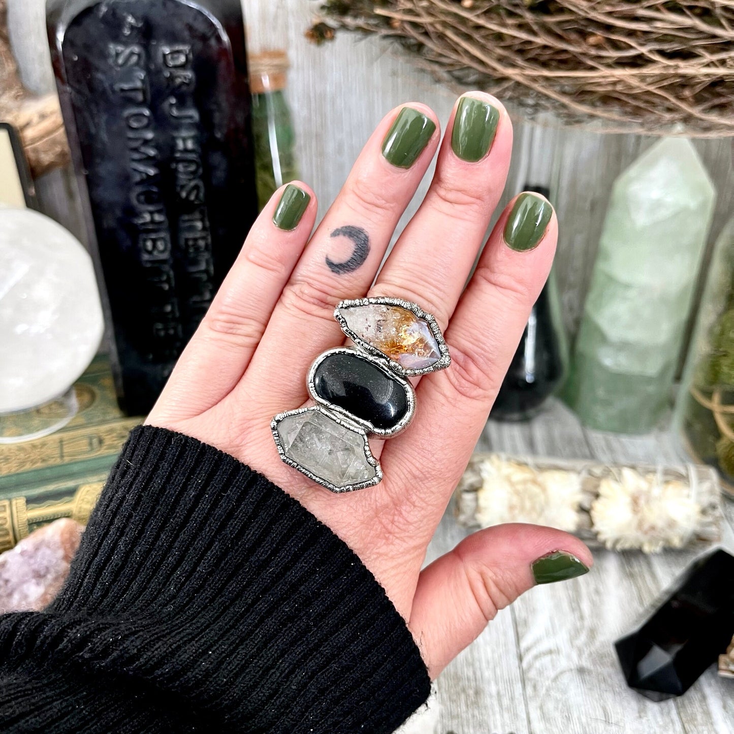 Size 9 Crystal Ring - Three Stone Black Onyx Yellow Citrine & Quartz Silver Ring / Foxlark Collection - One of a Kind / Big Crystal Jewelry