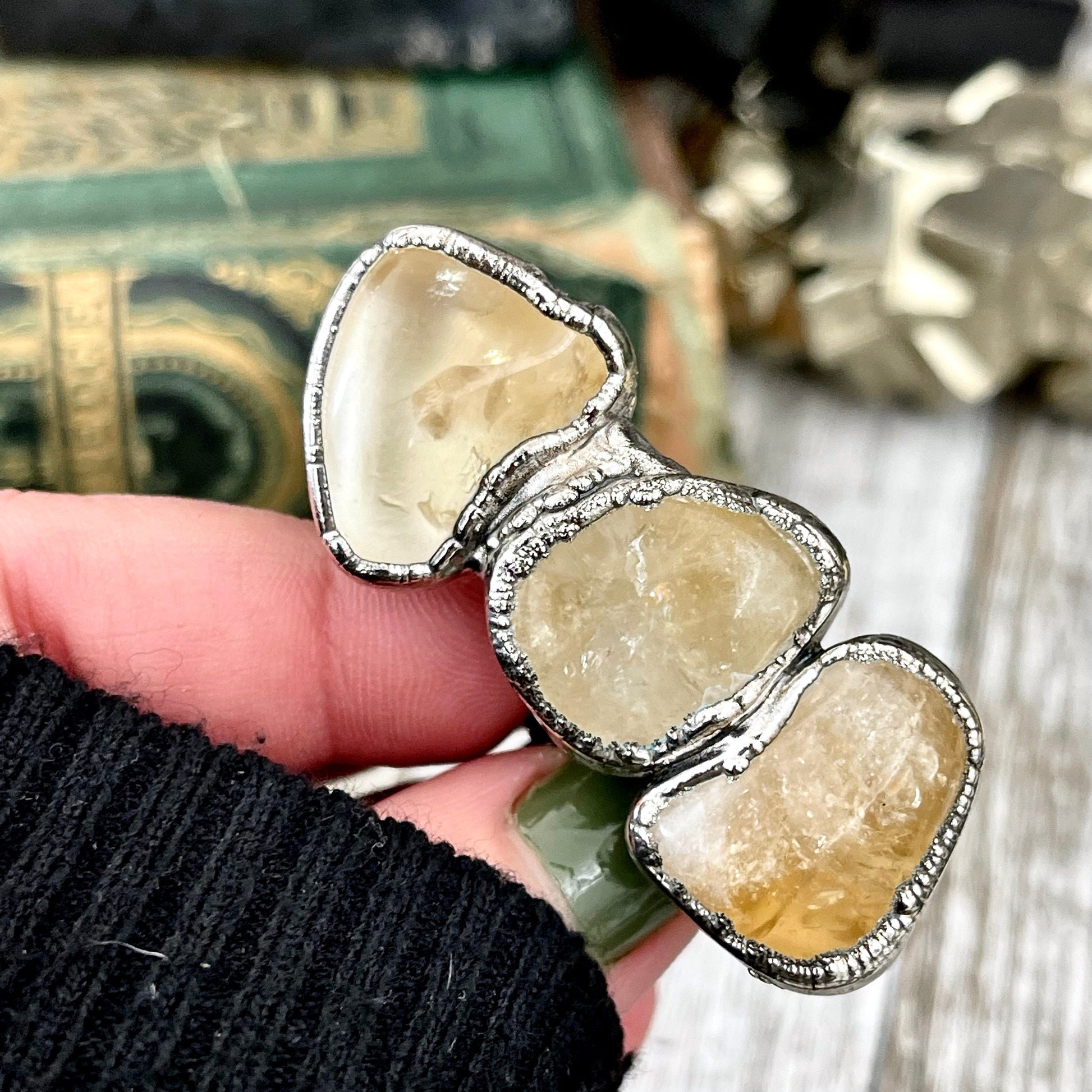 Size 7 Crystal Ring - Three Stone Yellow Citrine Ring in Silver / Foxlark Collection - One of a Kind / Big Boho Crystal Jewelry