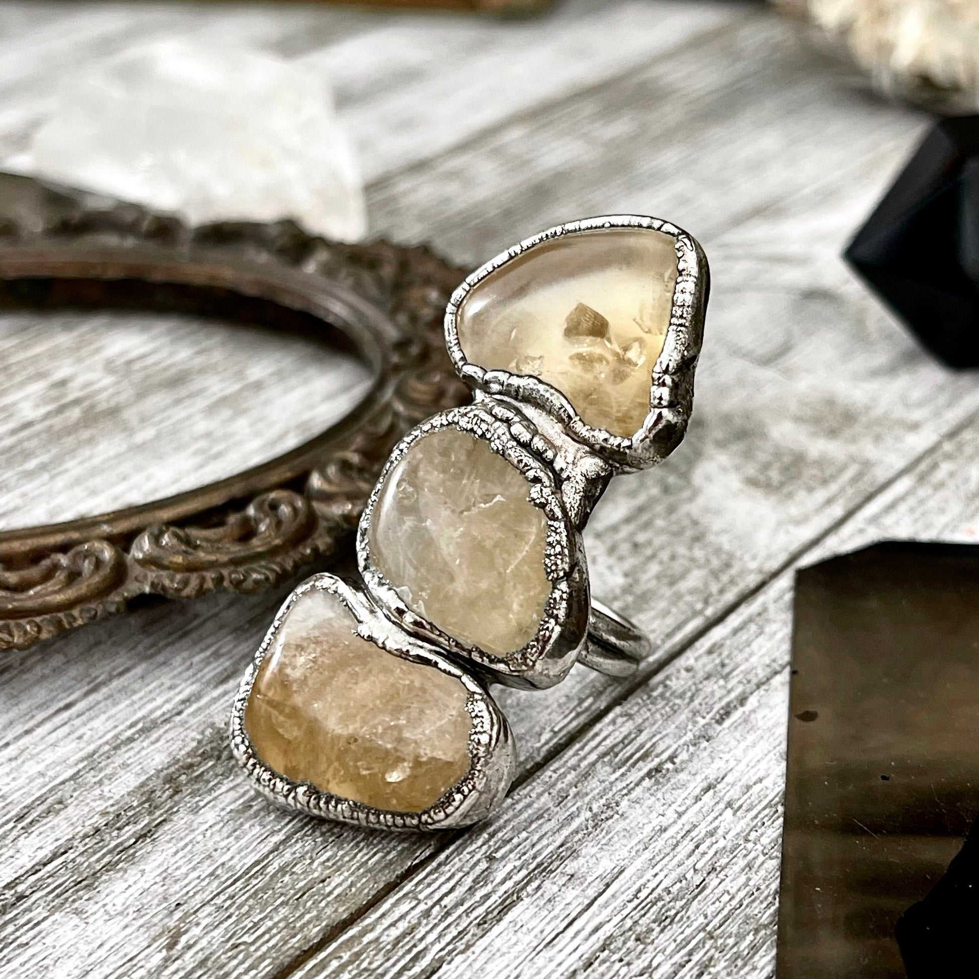 Size 7 Crystal Ring - Three Stone Yellow Citrine Ring in Silver / Foxlark Collection - One of a Kind / Big Boho Crystal Jewelry