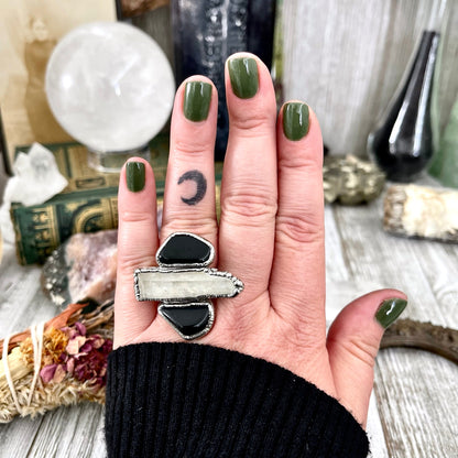 Size 8 Crystal Ring - Three Stone Black Onyx Clear Quartz Ring in Silver / Foxlark Collection - One of a Kind / Big Witchy Crystal Jewelry