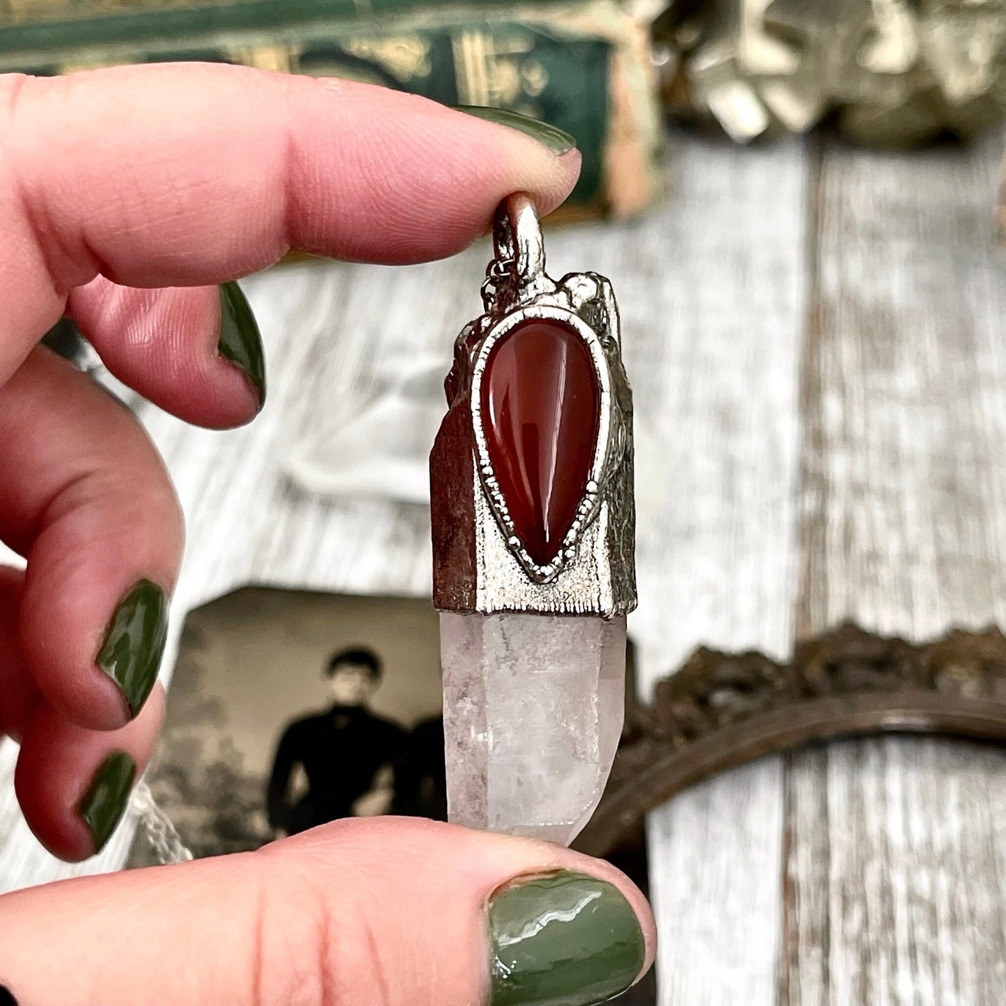 Large Raw Clear Quartz & Carnelian Crystal Statement Necklace in Fine Silver / Foxlark Collection - One of a Kind // Witchy Punk Pendent