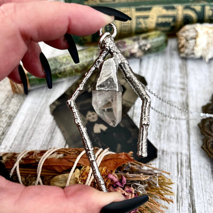 Sticks & Stones Collection- Clear Quartz Necklace in Fine Silver // Big Crystal Necklace. Witchy Jewelry Gothic Pendant / Bohemian Festival