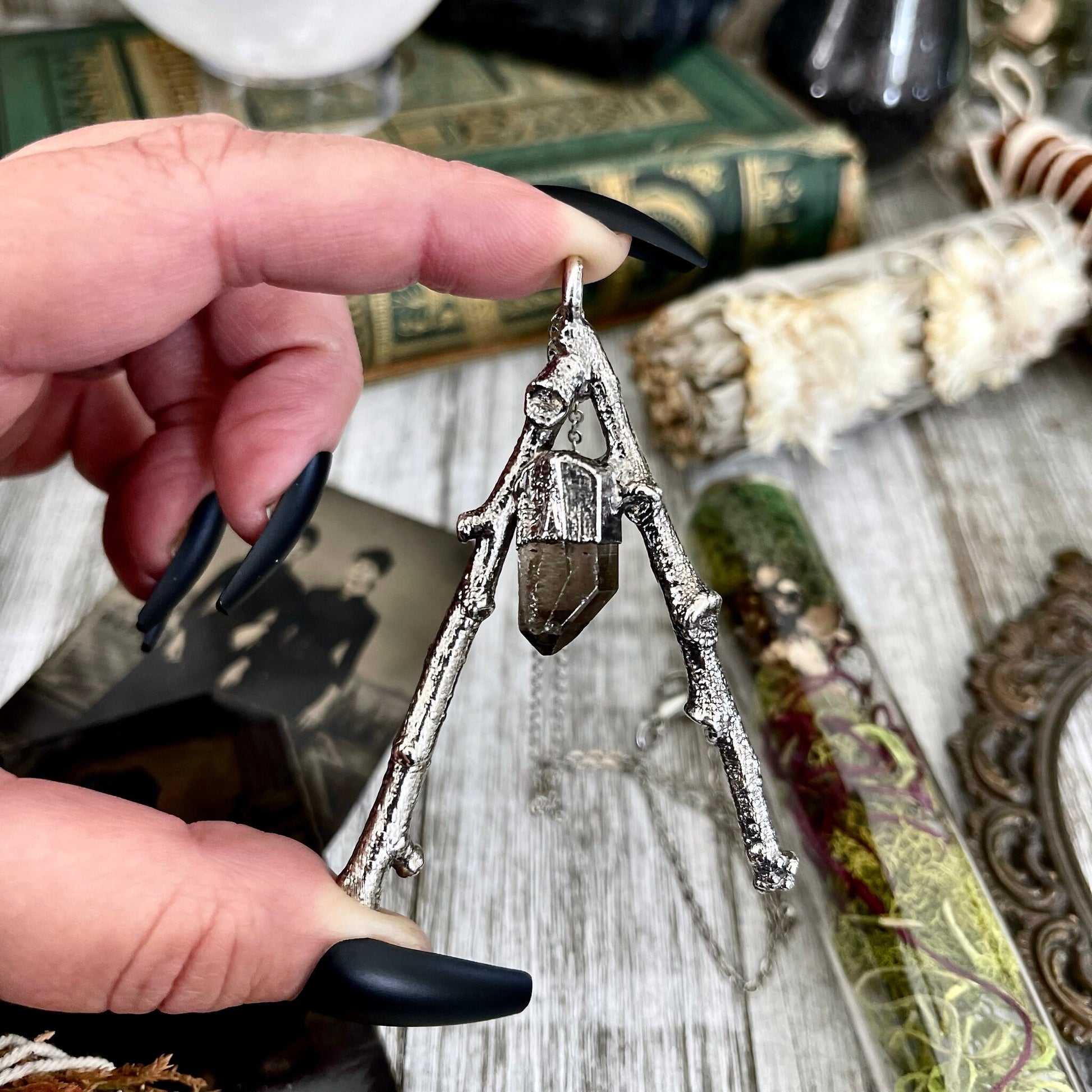 Sticks & Stones Collection- Smokey Quartz Necklace in Fine Silver // Big Crystal Necklace Witchy Jewelry Gothic Pendant Protection Jewelry