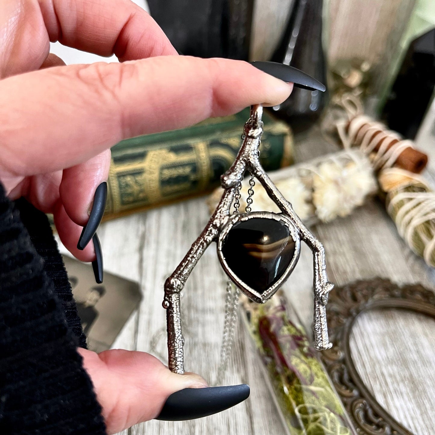 Sticks & Stones Collection- Montana Moss Agate Crystal Necklace in Silver // Big Crystal Necklace / Natural Wood Stone Necklace Pendant