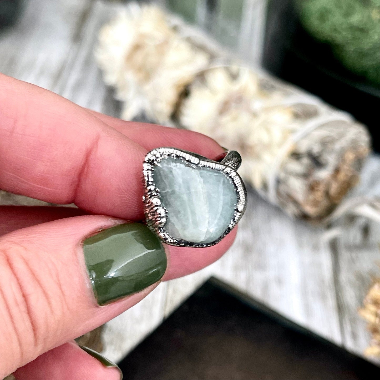 Blue Aquamarine Small Stone Ring in Fine Silver Size 7 8 / Foxlark Collection / Silver Crystal Ring / Electroformed Jewelry / Pebble Ring