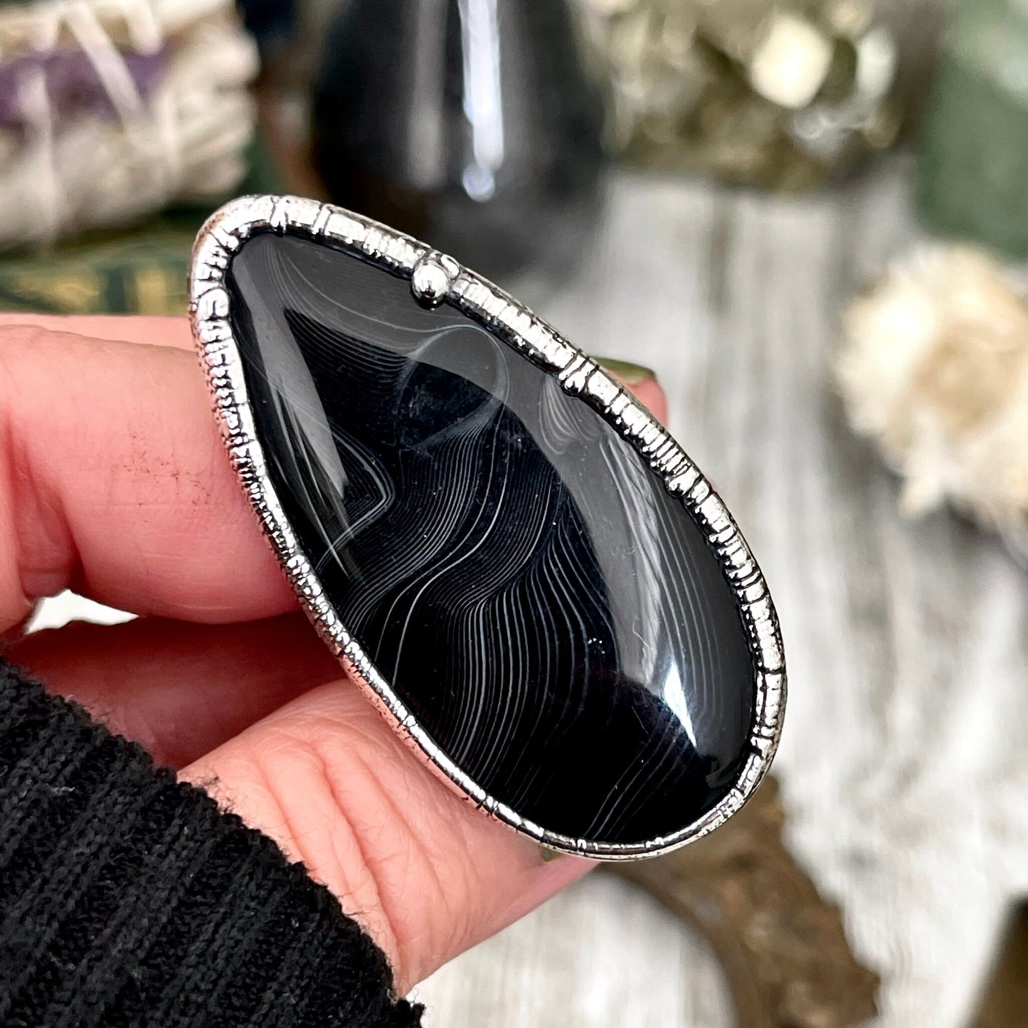 Size 8 Large Natural Black Banded Agate Ring in Fine Silver/ Foxlark Collection - One of a Kind / Big Crystal Ring Witchy Jewelry Gemstone