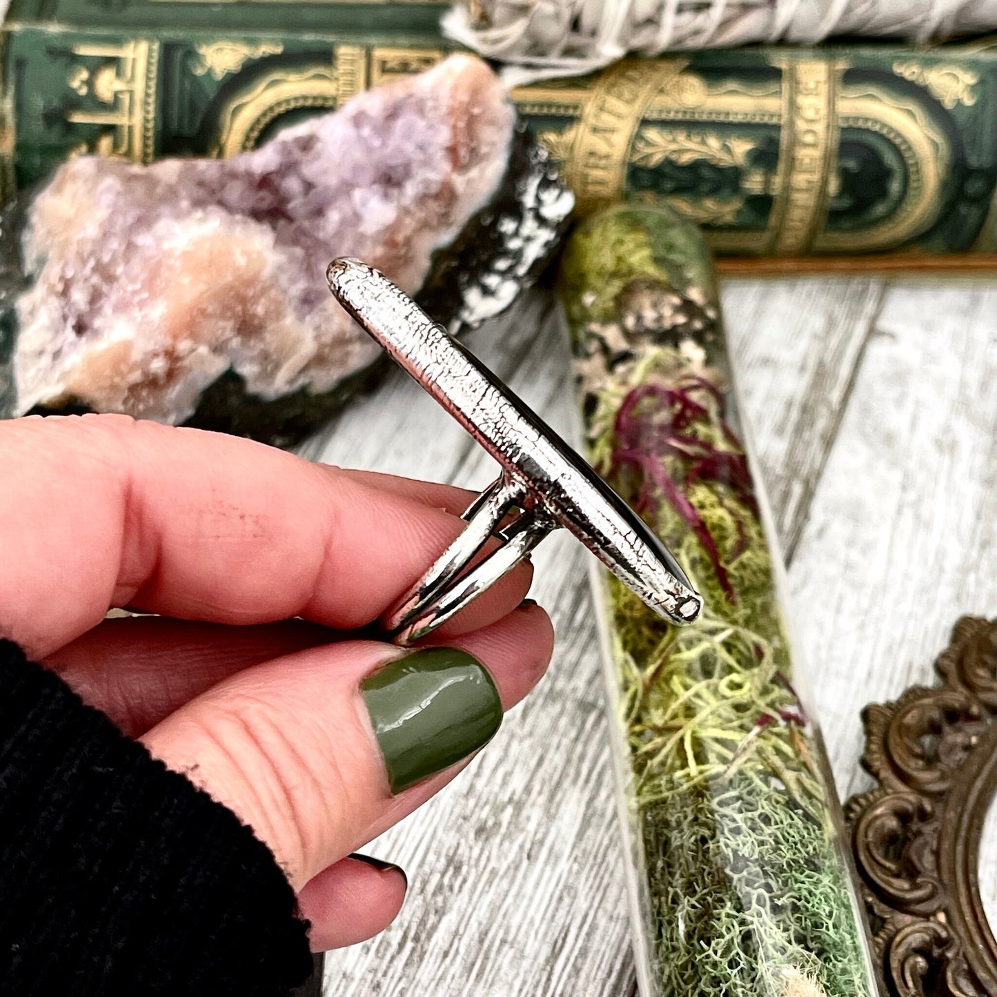 Size 8 Large Natural Black Banded Agate Ring in Fine Silver/ Foxlark Collection - One of a Kind / Big Crystal Ring Witchy Jewelry Gemstone