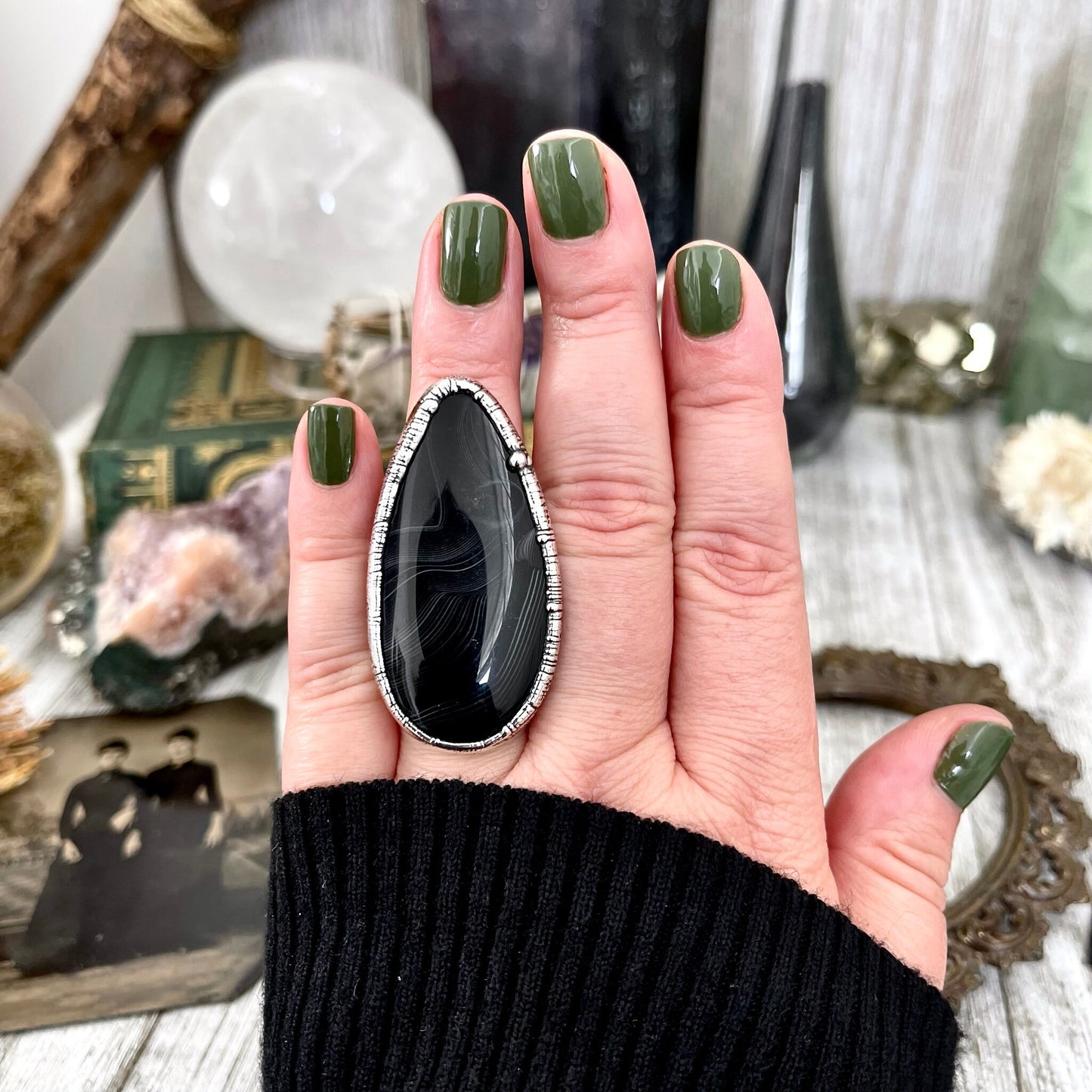 Size 8 Large Natural Black Banded Agate Ring in Fine Silver/ Foxlark Collection - One of a Kind / Big Crystal Ring Witchy Jewelry Gemstone