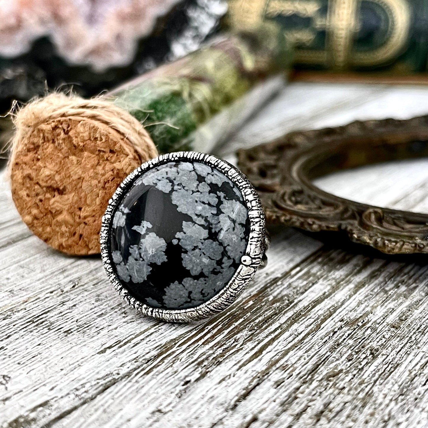 Size 5.5 Snowflake Obsidian Ring in Fine Silver / Foxlark Collection - One of a Kind / Big Crystal Ring Witchy Jewelry / Gothic Jewelry