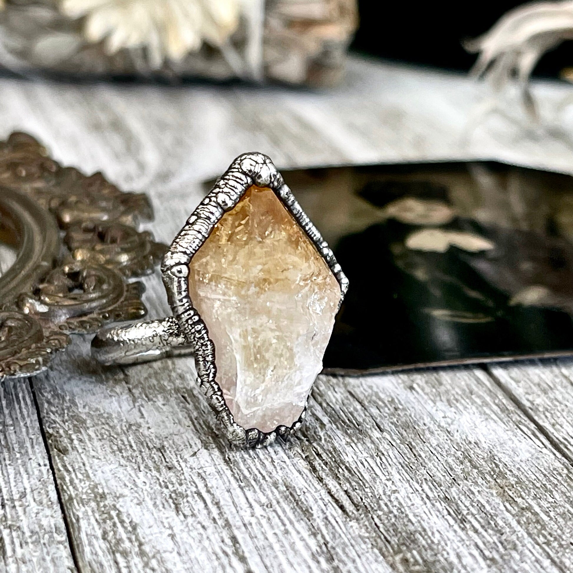 Size 7 Raw Citrine Ring Set in Fine Silver / Foxlark Collection - One of a Kind / Big Crystal Ring Witchy Jewelry / Gothic Jewelry