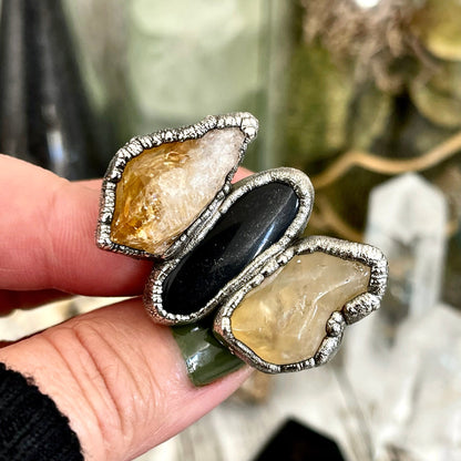 Size 6 Crystal Ring - Three Stone Black Onyx Yellow Citrine Silver Ring / Foxlark Collection - One of a Kind / Big Crystal Jewelry